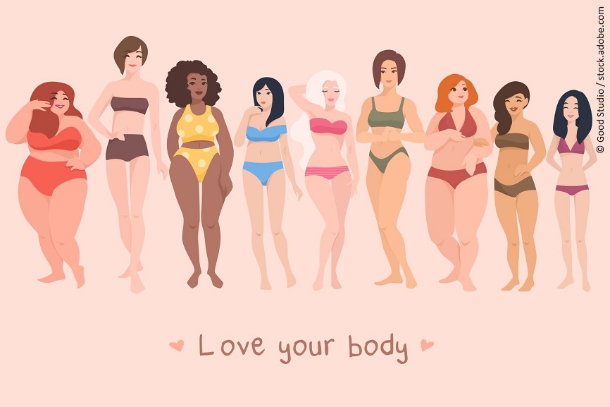Eine Illustration von verschiedenen Frauenkörpern. Darunter steht: Love your Body.